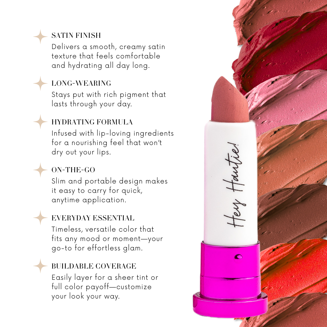 Lipstick with color swatches and product features on a white background