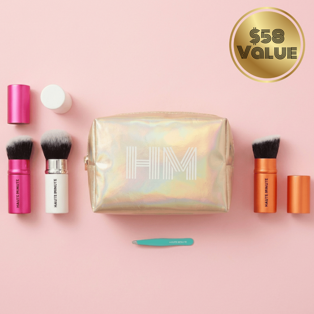 All the Tools | Retractable Foundation, Powder and Blush Brush, Tweezer & Glam Bag