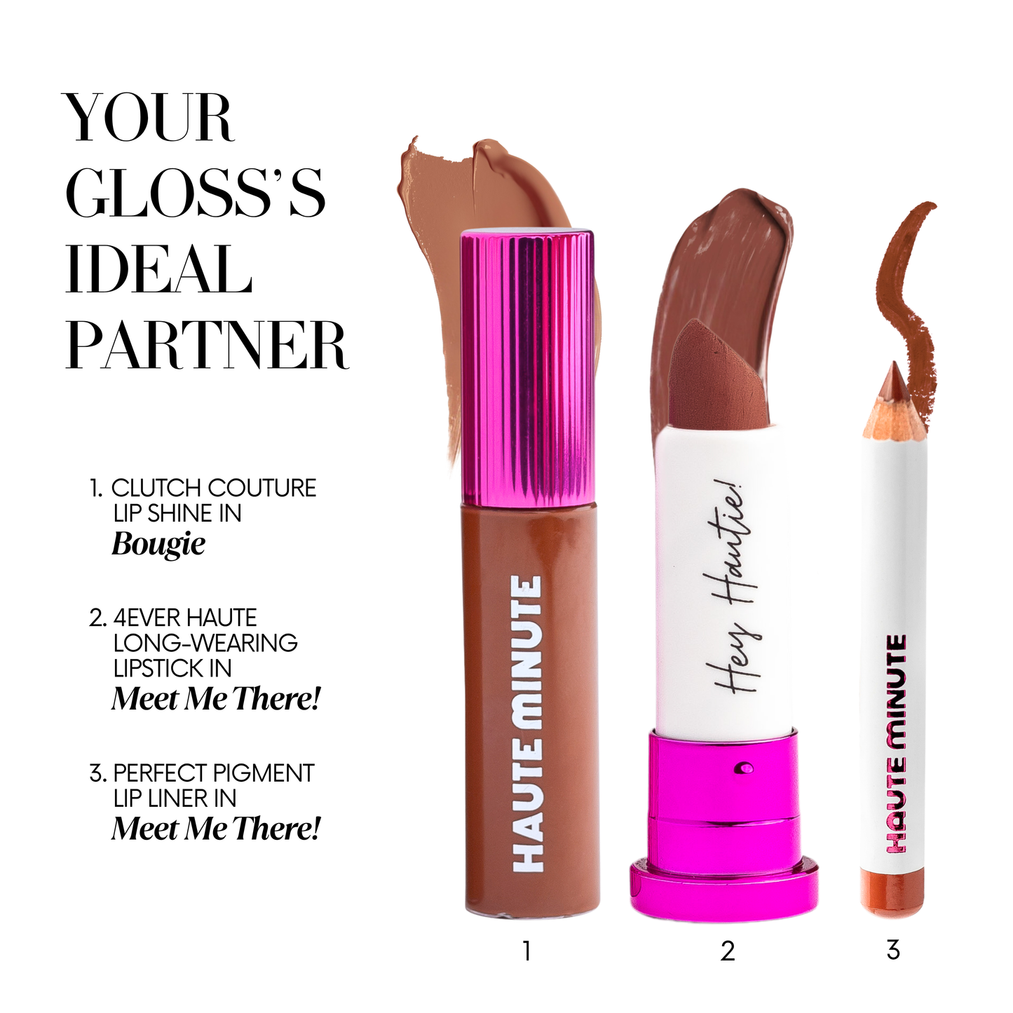 Lip products including a lip gloss, lipstick, and lip liner with 'Haute Minute' branding on a white background.