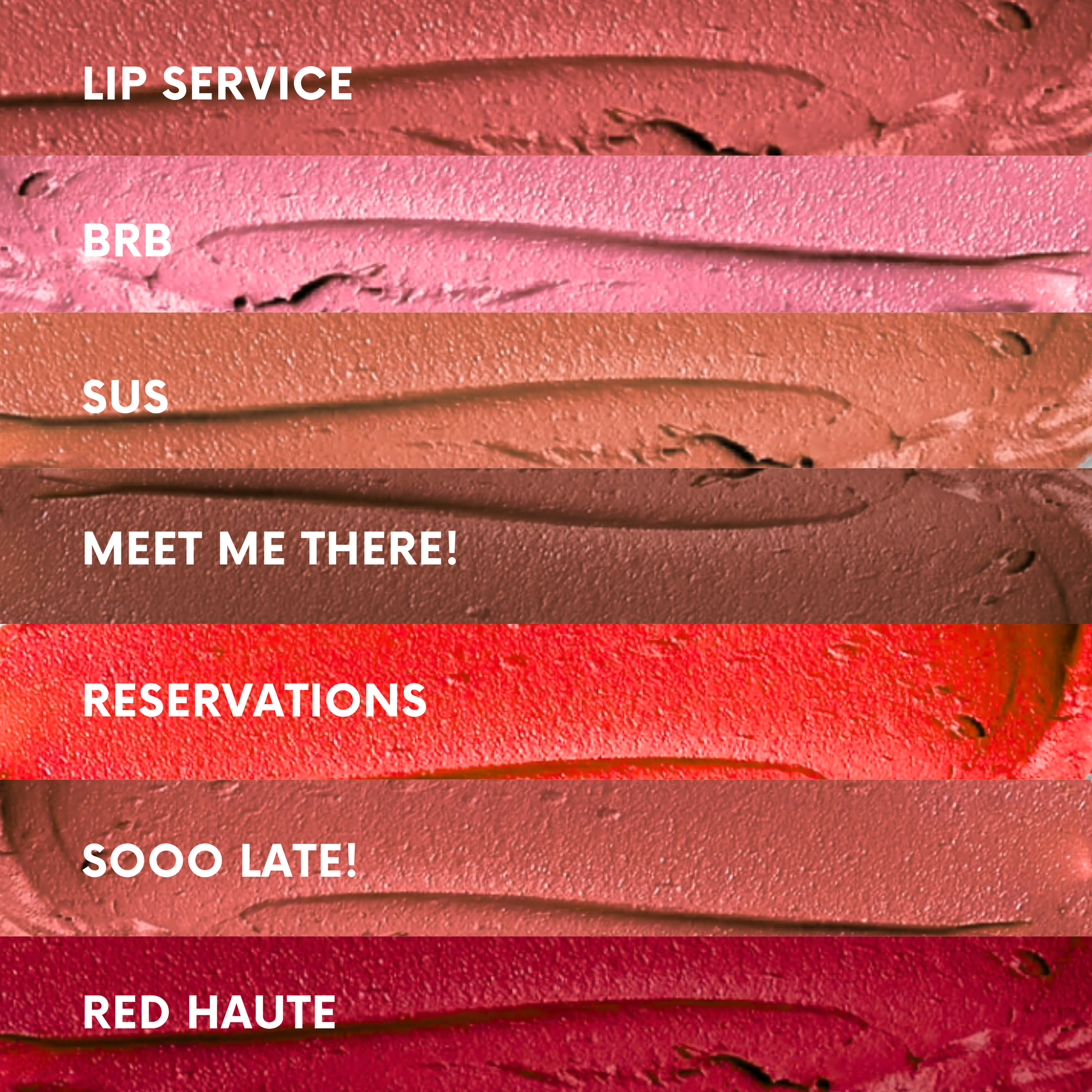 Color swatches of lipstick with text labels on a pink background