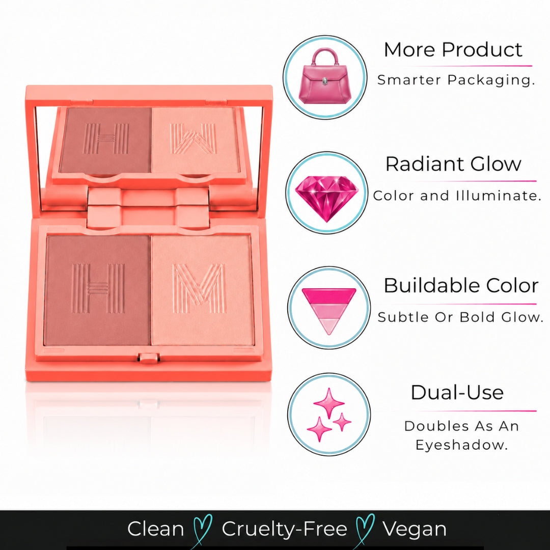 Blush + Brighten Highlighter Duo | Lightweight Mineral Blush Shimmer Glow Powder Palette