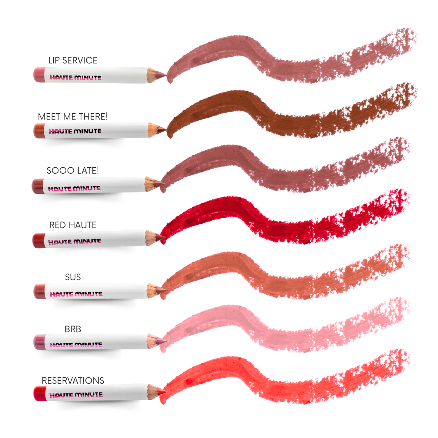 Set of lip service products with swatches on a white background