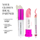 Lip gloss with text indicating its ideal partner products on a white background