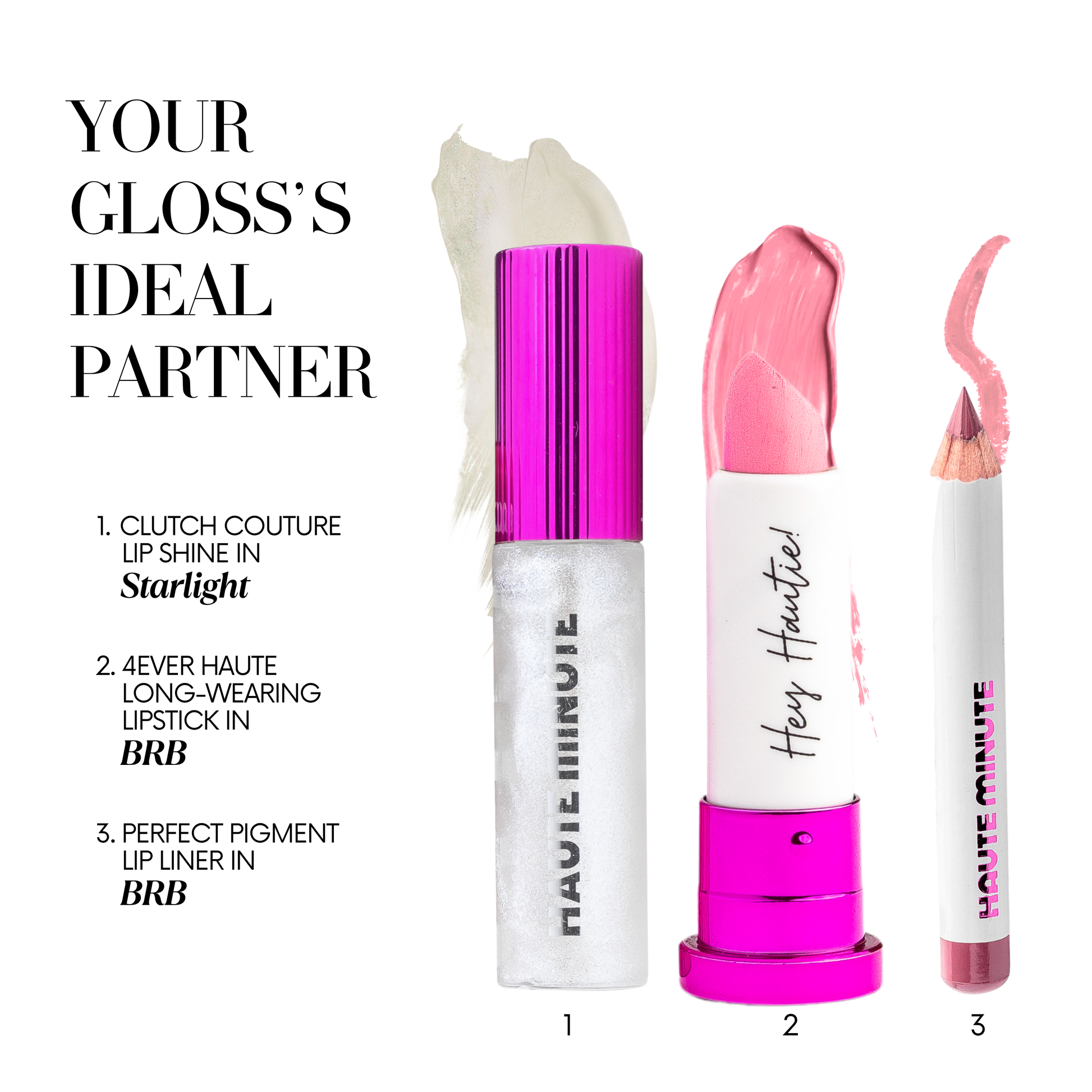 Lip gloss with text indicating its ideal partner products on a white background