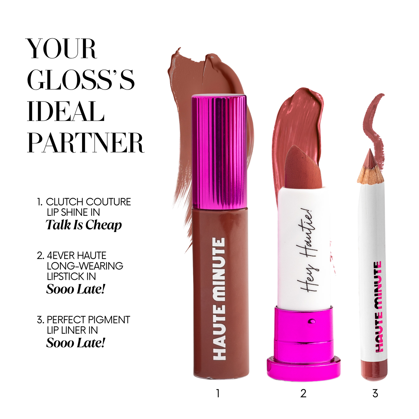 Lip products with 'Haute Minute' branding on a white background